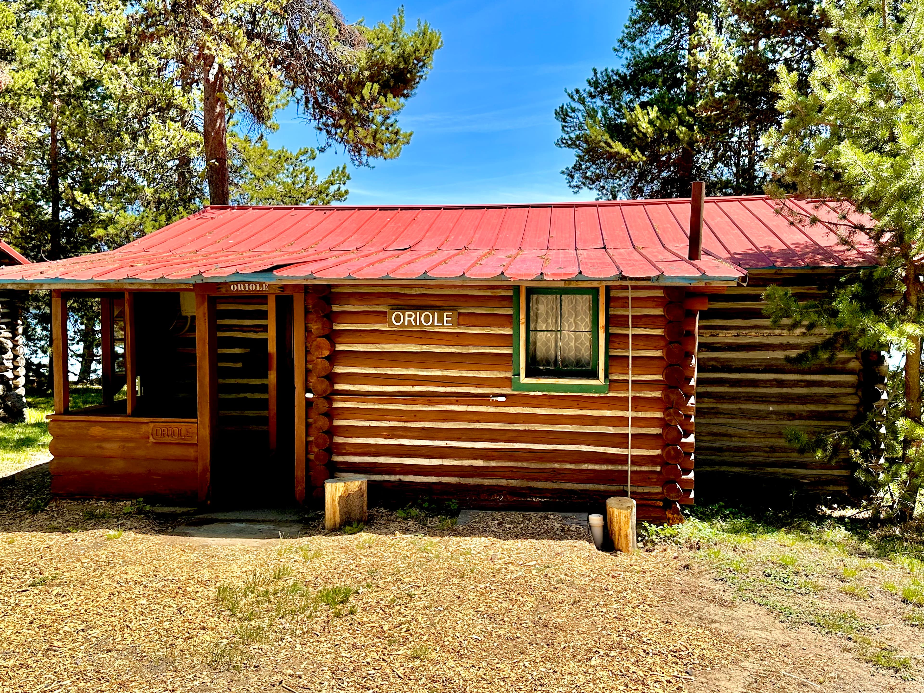 A rustic log cabin with a red metal roof and a sign reading "Oriole" surrounded by trees.
