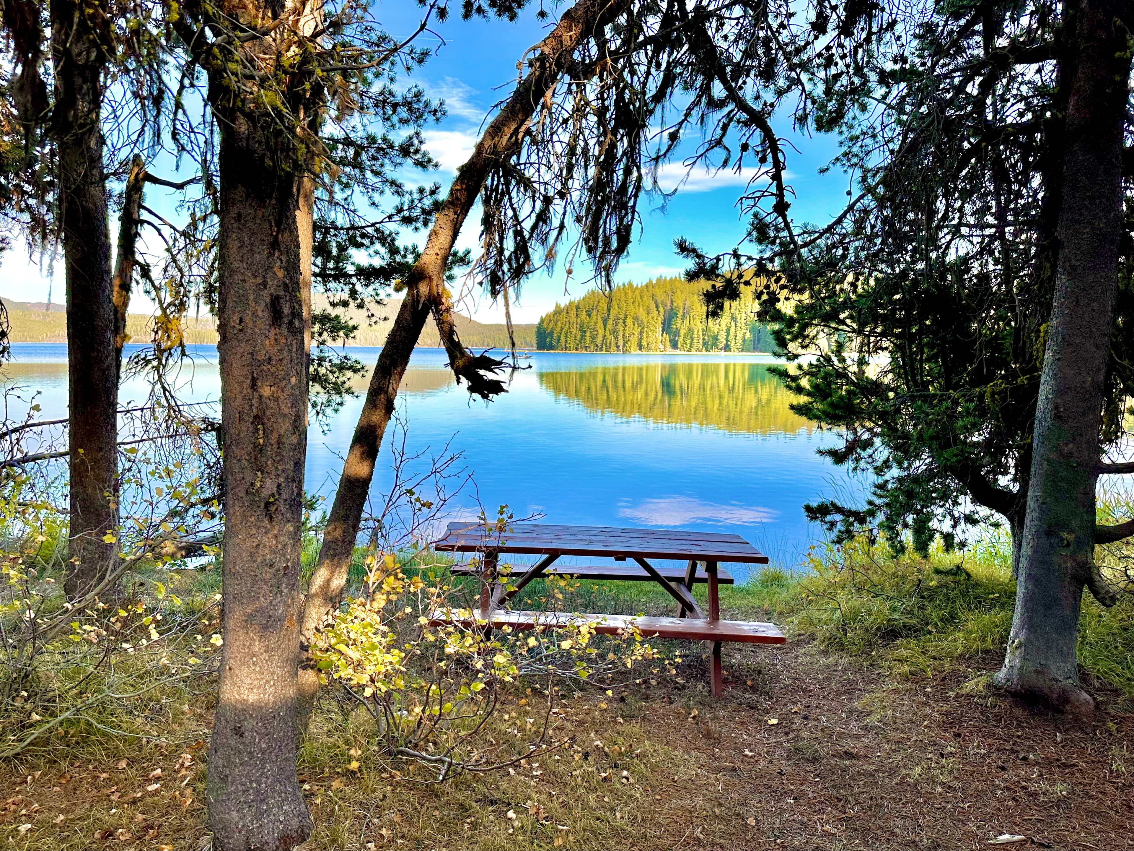 A picnic table by a serene lake surrounded by trees and distant mountains.