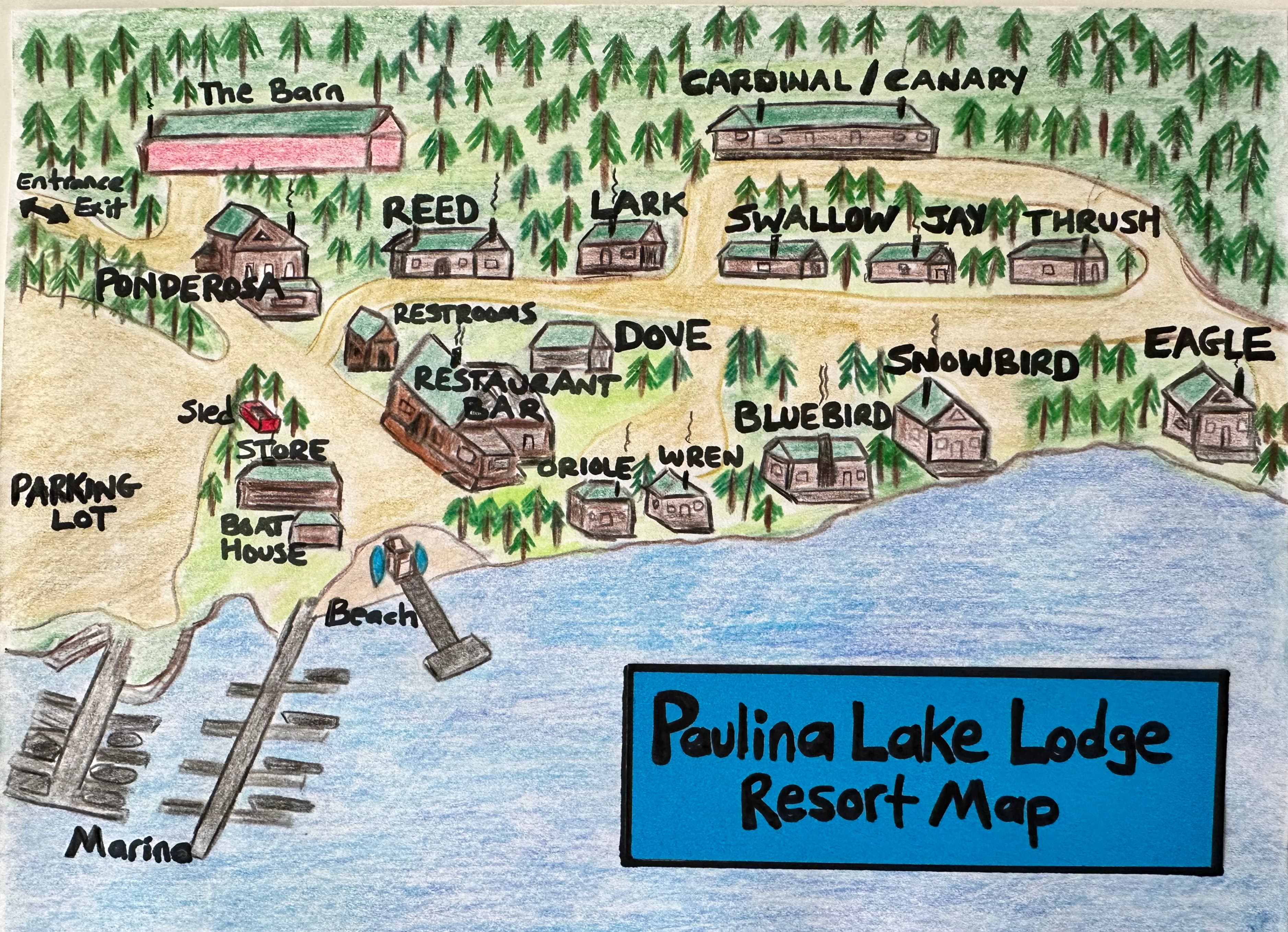 Map of Paulina Lake Lodge Resort featuring cabins, amenities, and a marina.