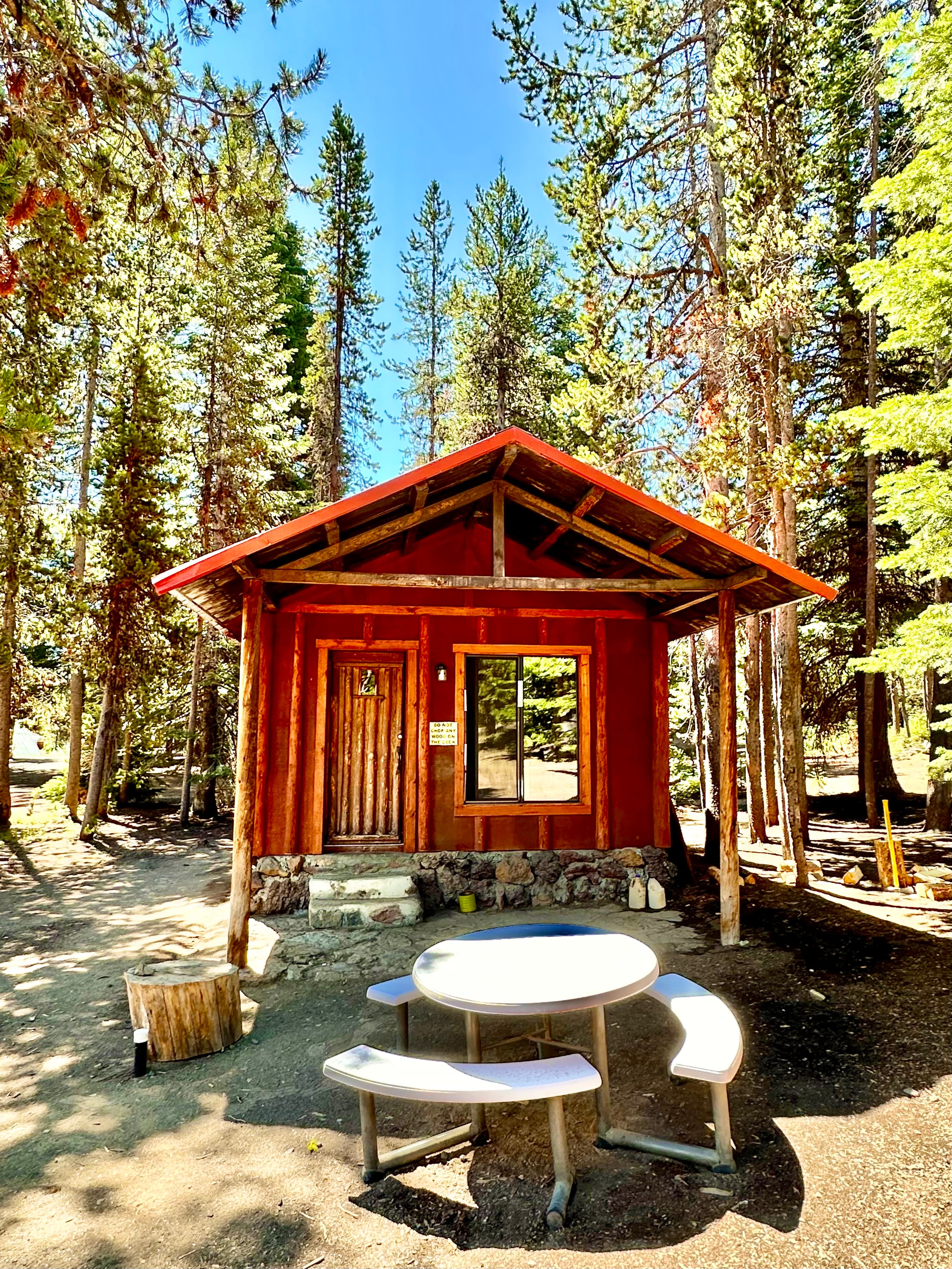 A small red cabin surrounded by tall trees and a picnic table in a forest setting.