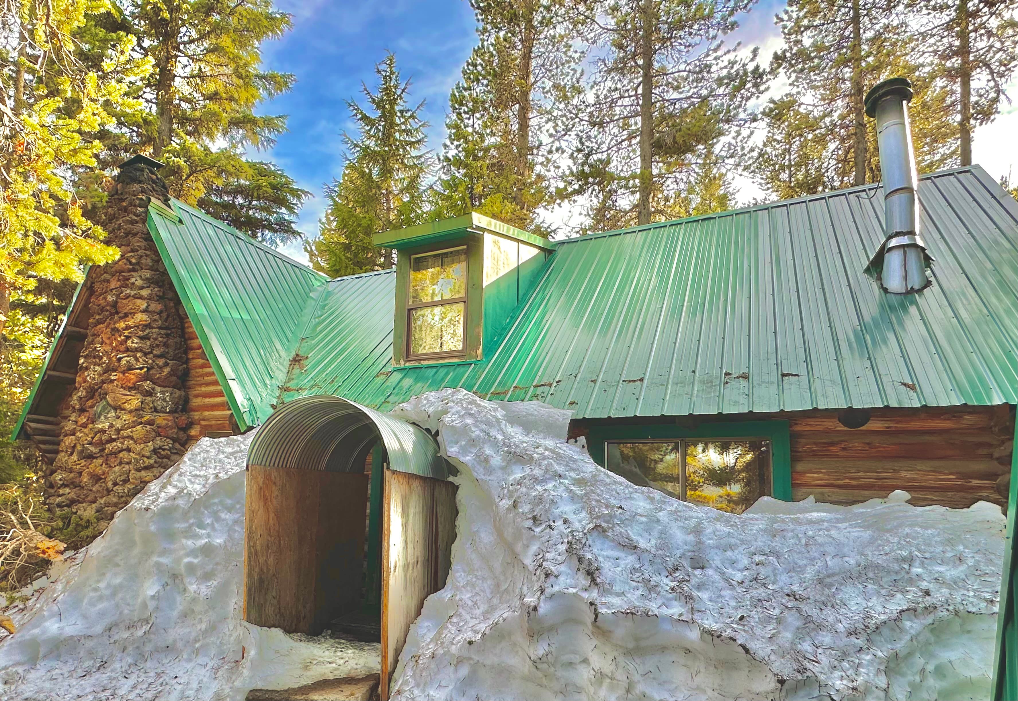 A rustic cabin with a green metal roof surrounded by snow and tall trees.