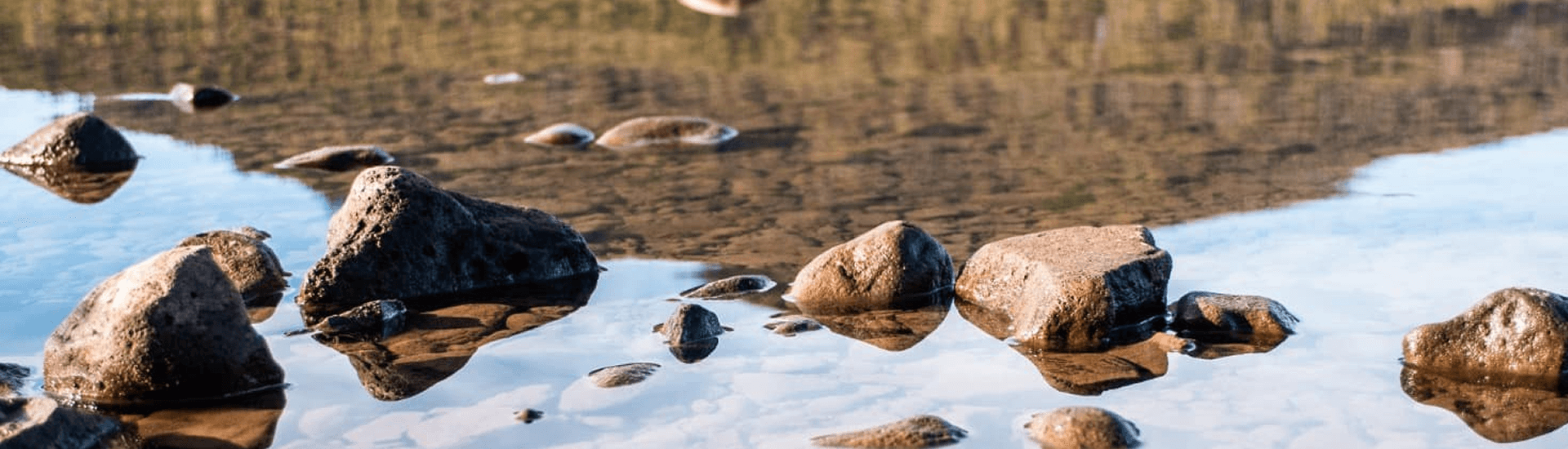 A serene water scene featuring smooth rocks partially submerged in clear water.