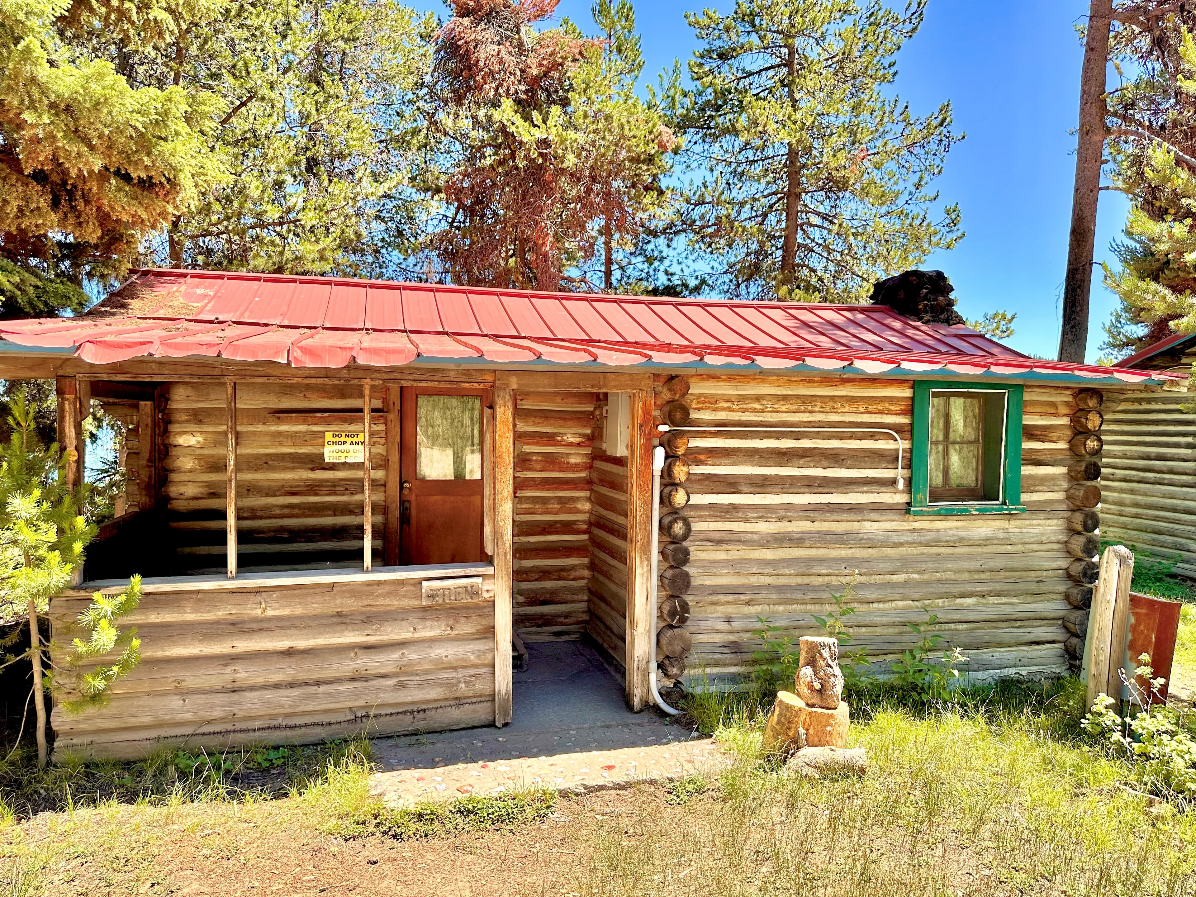 A rustic log cabin with a red metal roof surrounded by tall trees.