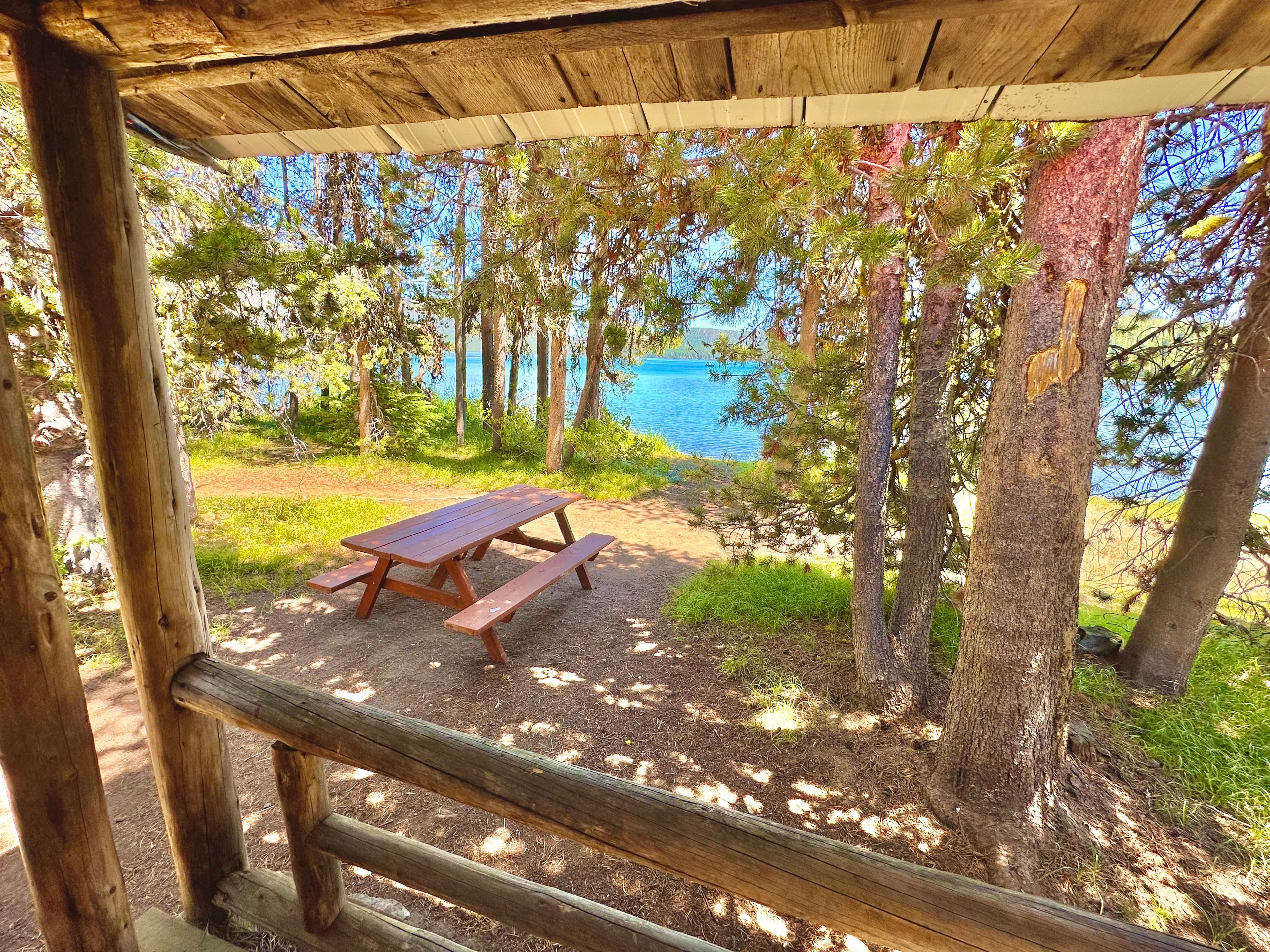 View of a picnic table surrounded by trees near a tranquil lake.