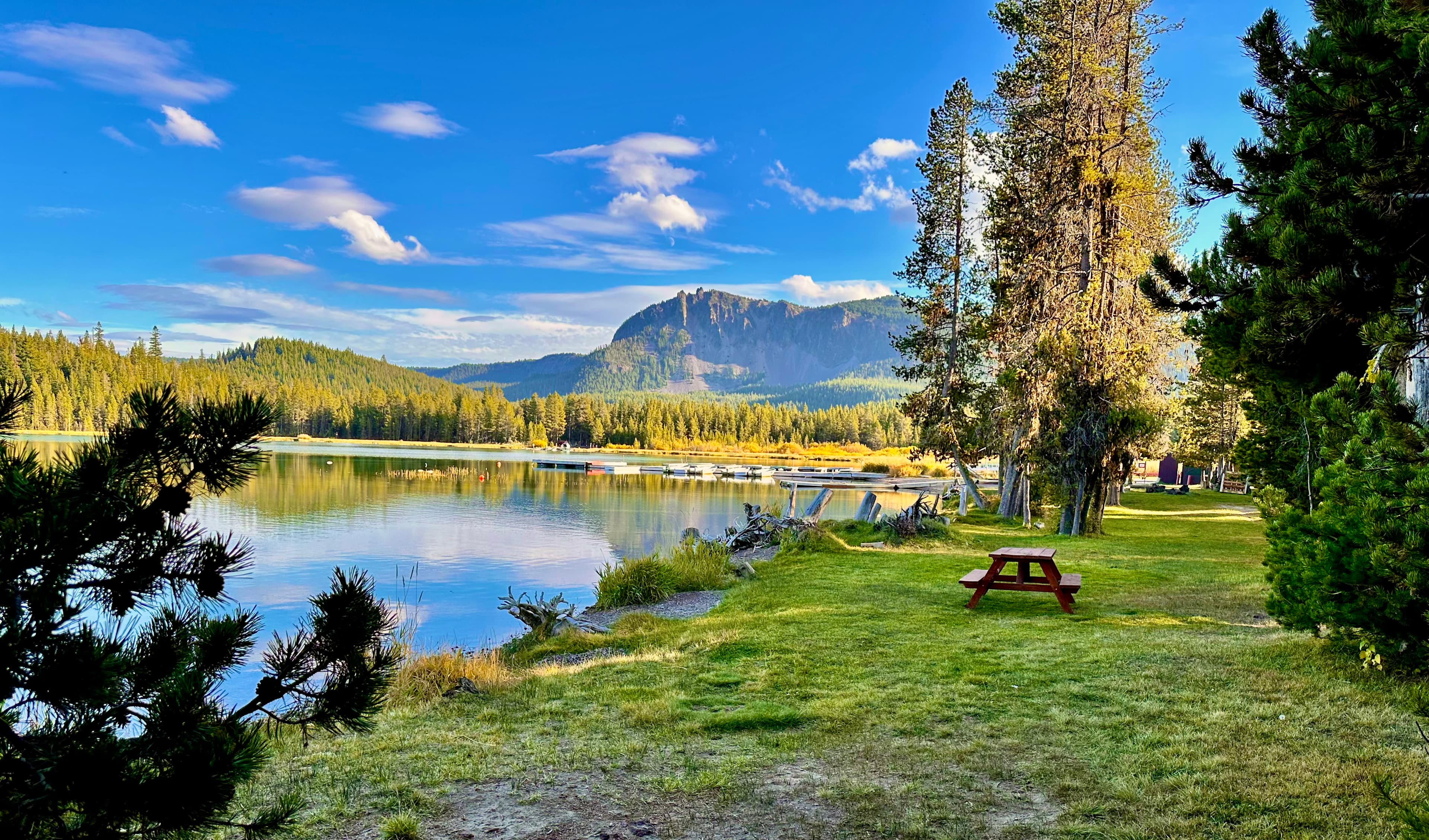 A peaceful lakeside scene with trees, a picnic table, and mountains in the background under a clear blue sky.